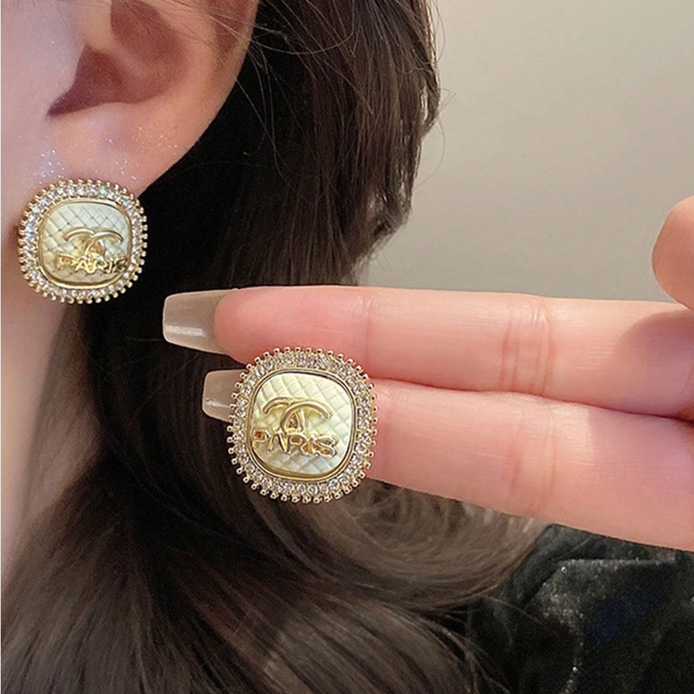 Double Luxury Earrings Elegant Initial C Paris Rhinestones Gold Tone Pierced New